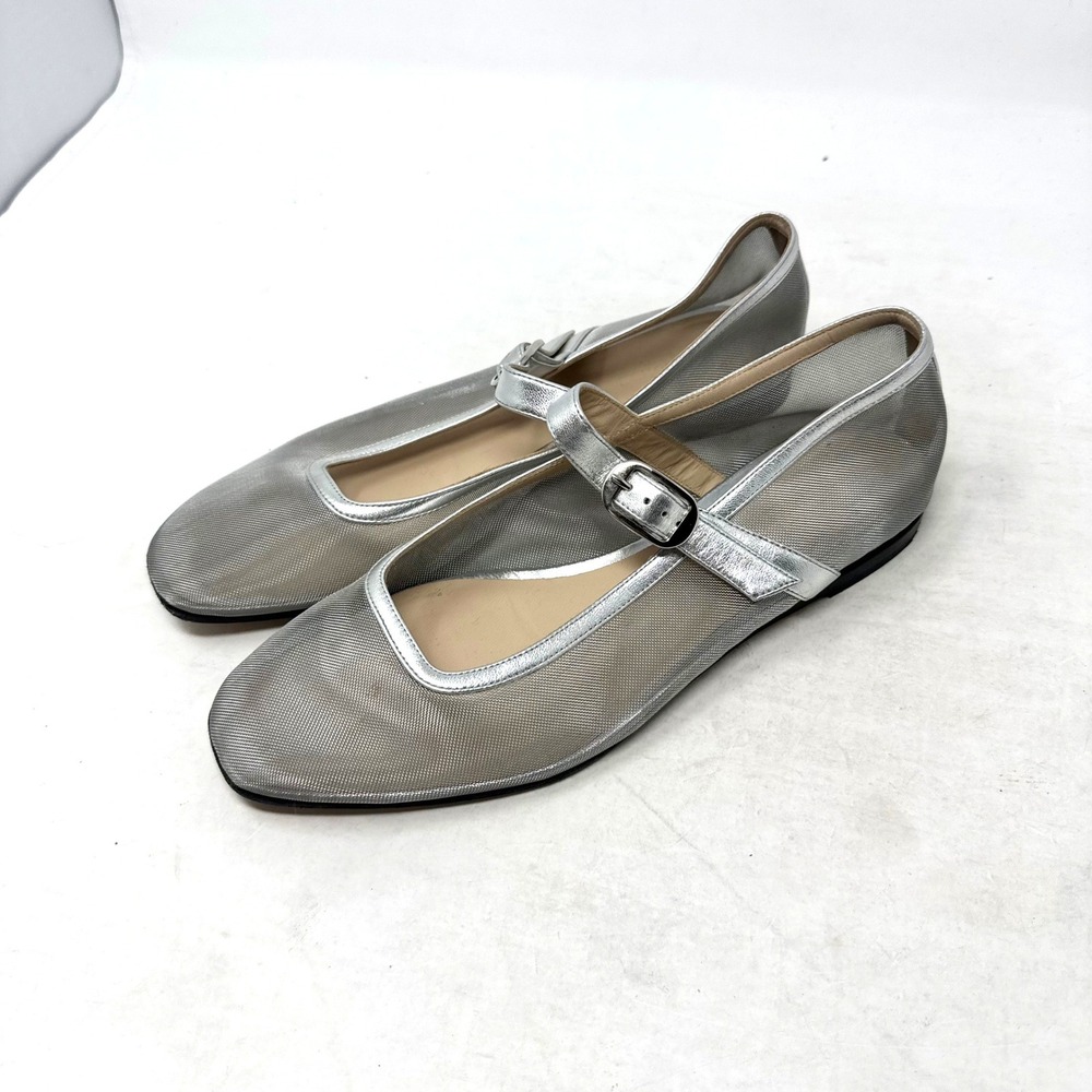 Le Monde Beryl Mary Jane Flats Silver 38 Mesh Leather Italian Made Shoes